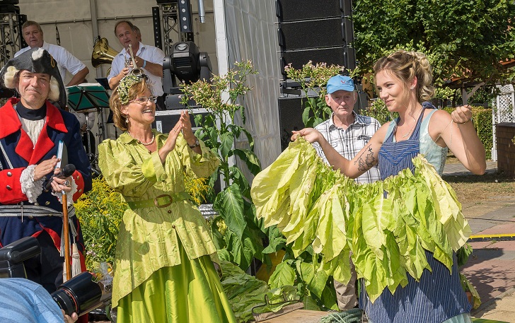 drei Personnen in traditioneller Kleidung erleben Tabakerntefest