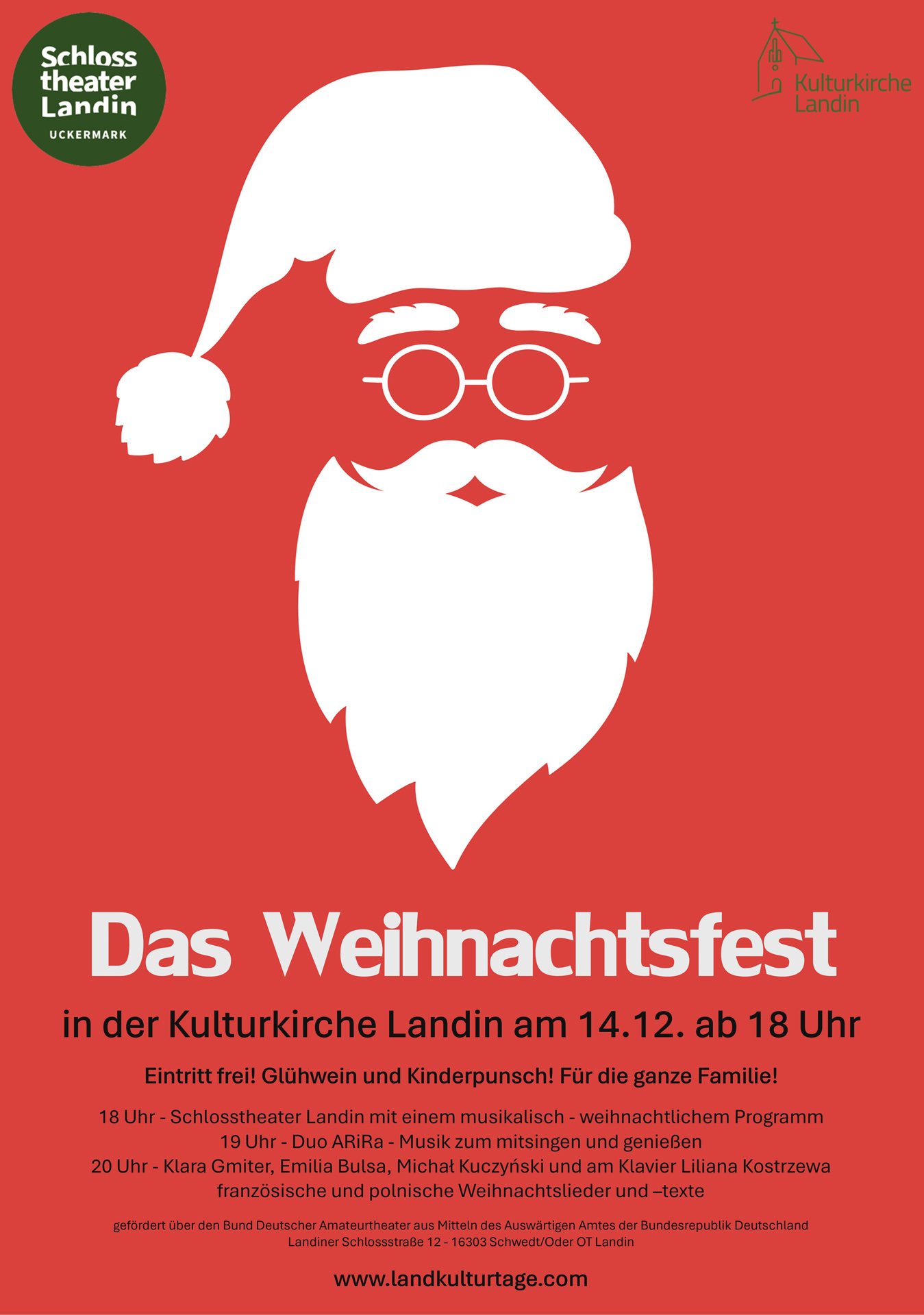 Grafik: rote Fläche mit weißem Weihnachtsmannkopf