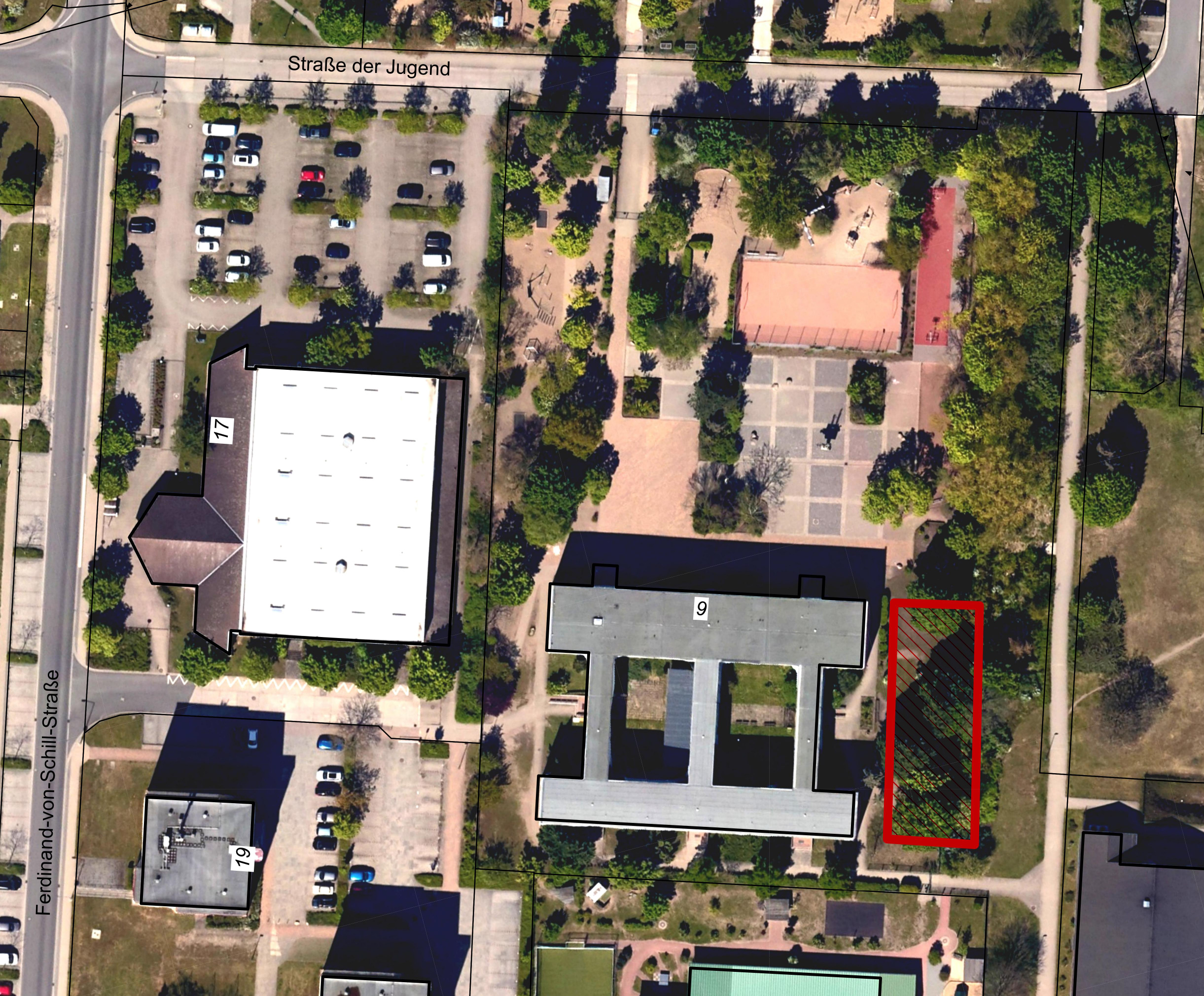 Lageplan mit der Markierung des Erweiterungsbaus Lageplan mit der Markierung des Erweiterungsbaus