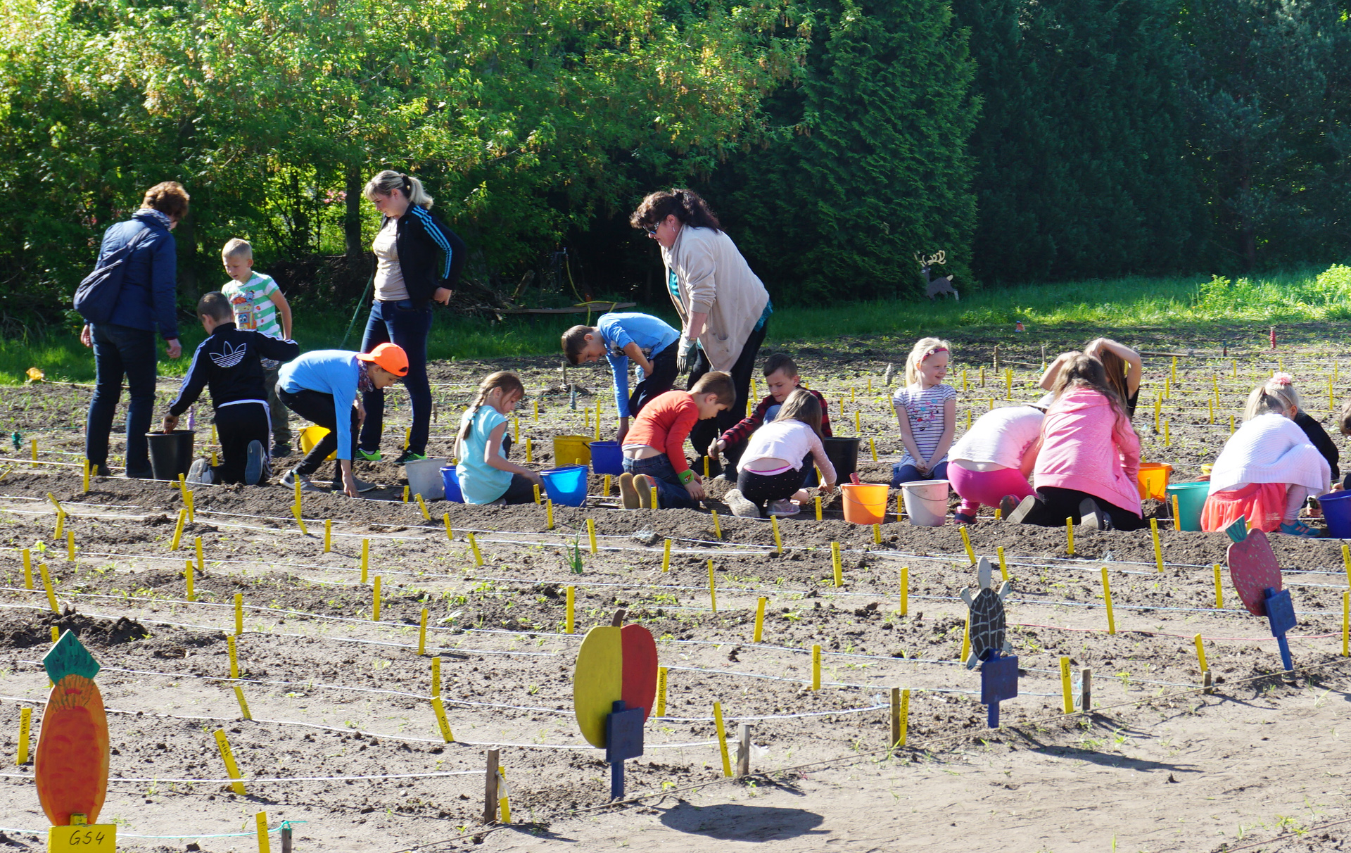 Foto: Kinder arbeiten auf einem Beet im Schulgarten