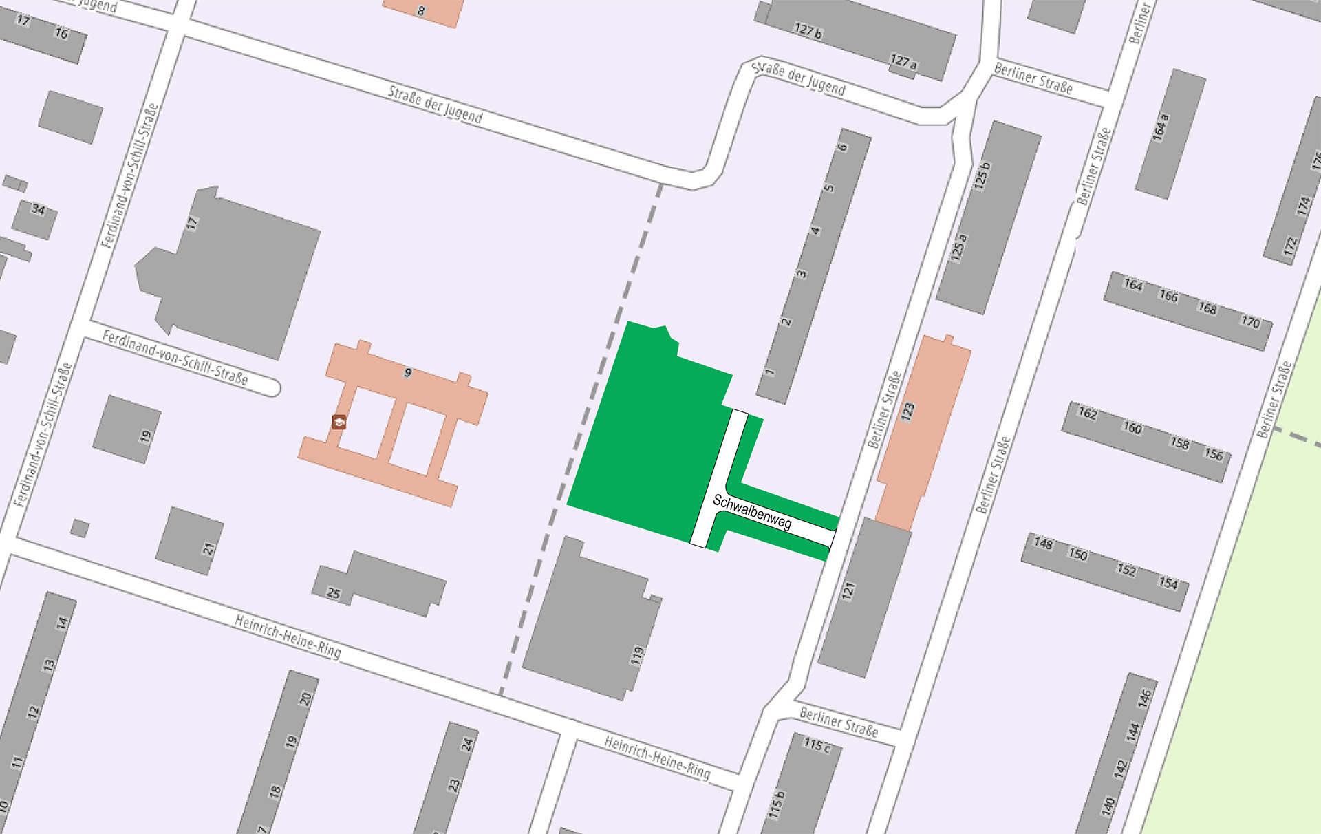 Karte mit grüner Markierung der Baufläche und der Darstellung der neuen Straße
