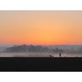 Foto vom 3. Januar 2014: Spaziergänger mit Hund im Gegenlicht der aufgehenden Sonne