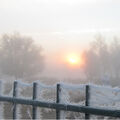 Foto vom 29. Oktober 2012: vereister Zaun vor dem Sonnenaufgang