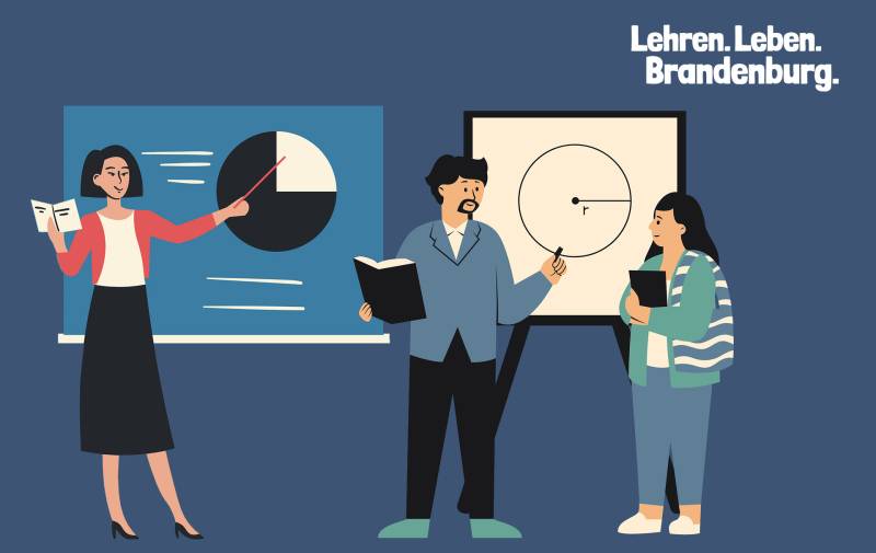 Grafik: Lehrerin zeigt auf ein Kreisdiagramm auf der Tafel, Lehrer und Schülerin stehen vor einem Aufsteller Grafik: Lehrerin zeigt auf ein Kreisdiagramm auf der Tafel, Lehrer und Schülerin stehen vor einem Aufsteller
