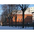 Foto: Blick in die winterliche Straße mit rotem Backsteingebäude