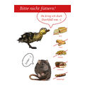 Plakat: Ente vor durchgestrichenen Lebensmitteln: Da krieg ich doch Durchfall von. Ratte: Lecker