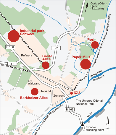 map: Location of the industrial and trading estates