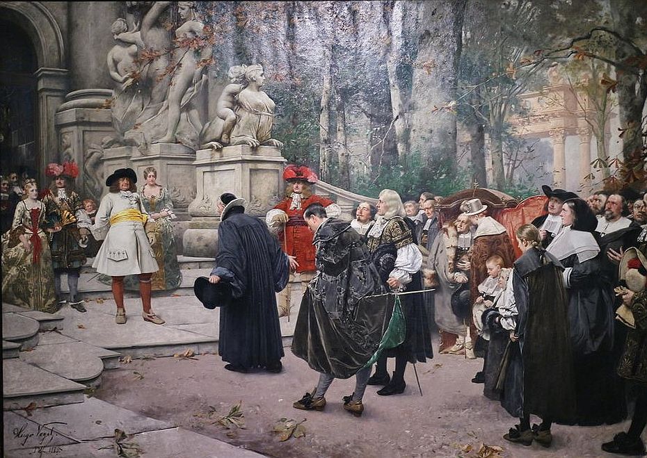 Der Große Kurfürst, hinter ihm die Kurfürstin, zur Linken der Kronprinz, der spätere König Friedrich I., mit Gattin und Gefolge. Rechts mit ausladender Kopfbedeckung Geheimrat Joachim Ernst von Grumbkow. Der einer Sänfte entstiegene alte Herr ist David Ancillon der Ältere. 