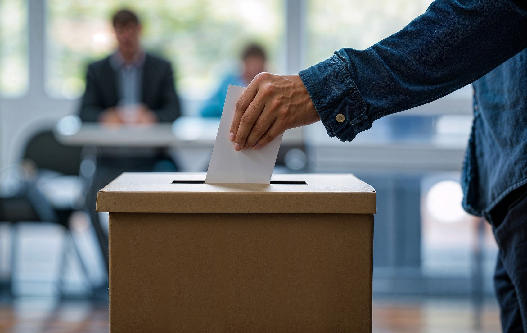 Foto: männliche Hand steckt eine Zettel in eine Wahlurne, im Hintergrund unscharf der Wahlvorstand Foto: männliche Hand steckt eine Zettel in eine Wahlurne, im Hintergrund unscharf der Wahlvorstand